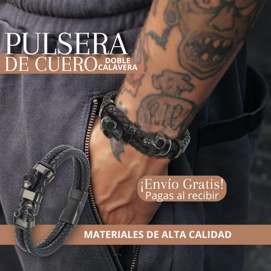 💀Pulsera De Cuero Con Doble Calavera💀