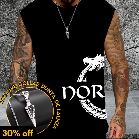 👕Camiseta sin Mangas Ouroboros + 📿Collar Punta de lanza Vikinga